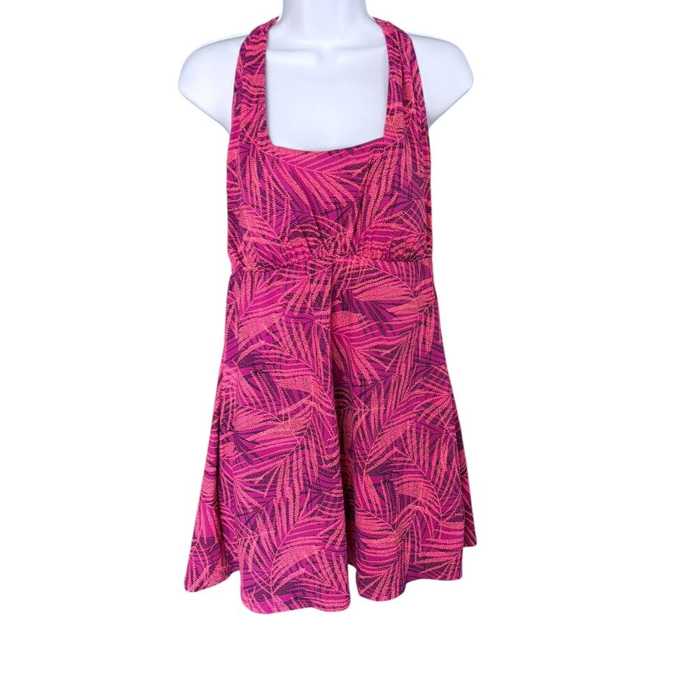 Lands’ End Square Neck Halter Swim Dress Women’s 14 One Piece Swimsuit Pink Palm
